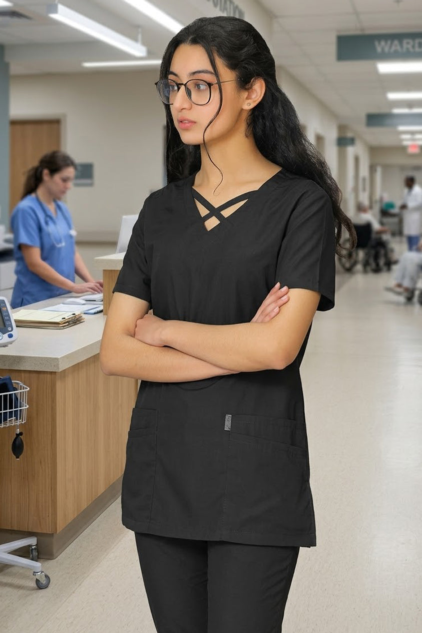 PROFESSIONAL FEMALE CROSS LONDON SCRUB SUIT / CRISS CROSS V-NECK CROSS LONDON SCRUB SUIT(MADE IN UAE)