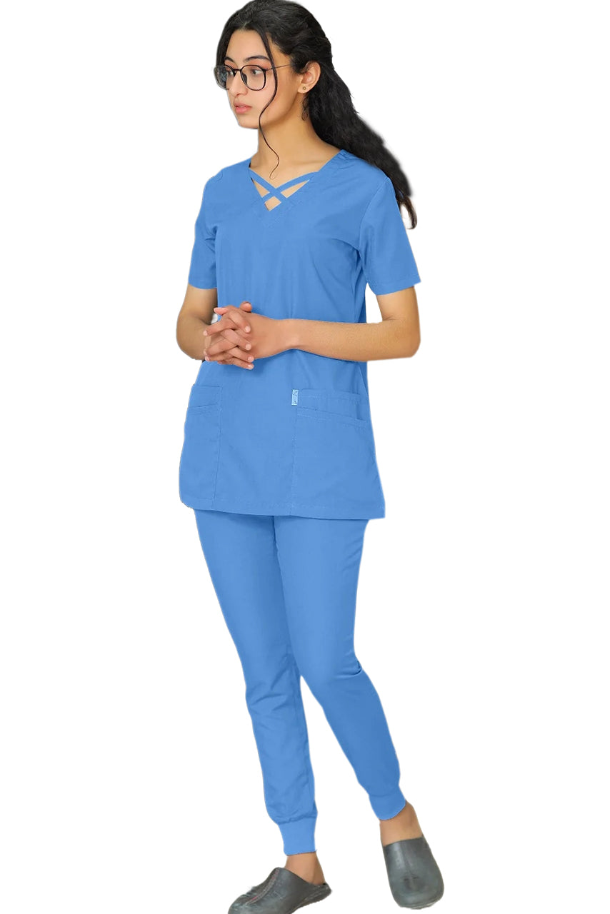 PROFESSIONAL FEMALE CROSS LONDON SCRUB SUIT / CRISS CROSS V-NECK CROSS LONDON SCRUB SUIT(MADE IN UAE)