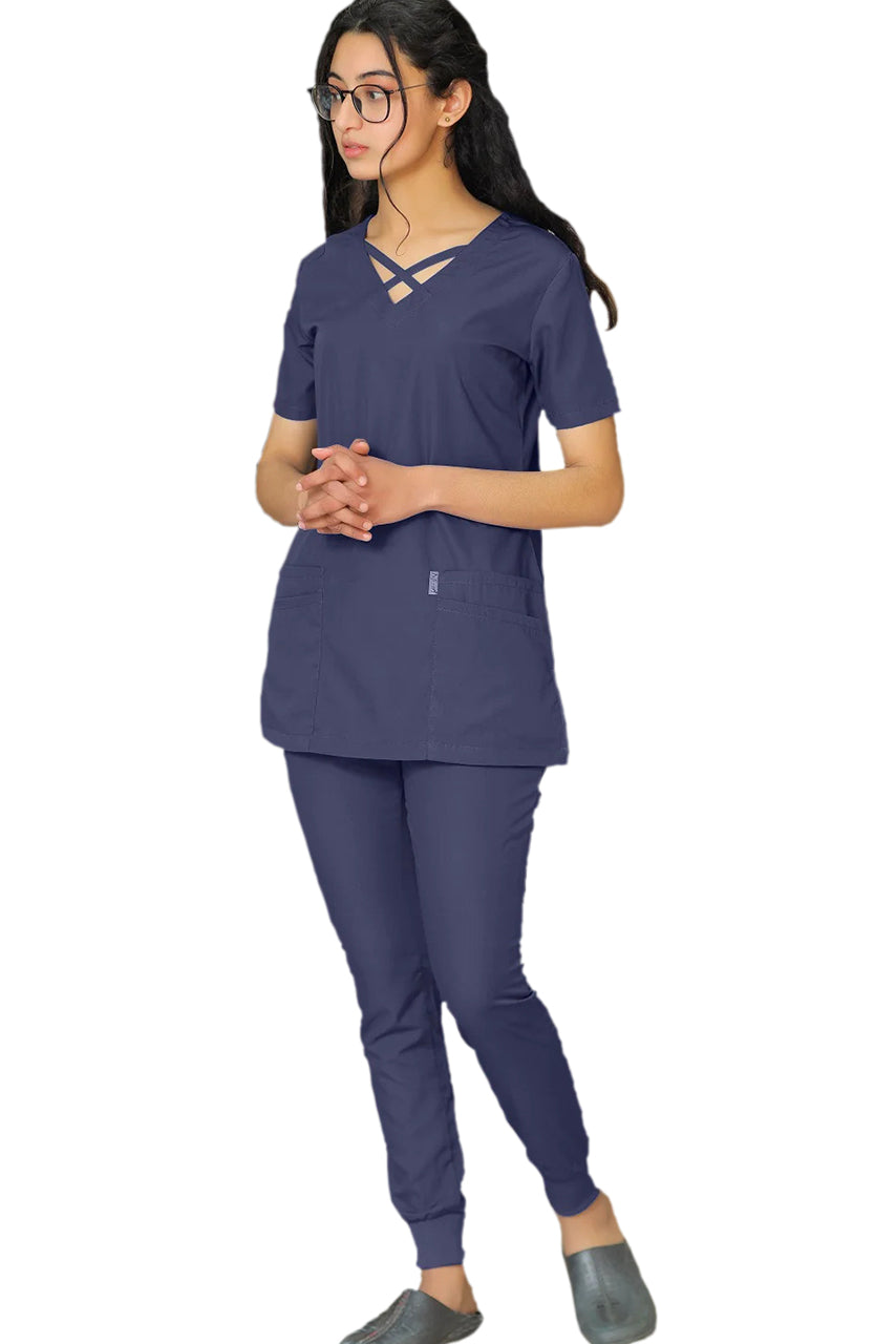 PROFESSIONAL FEMALE CROSS LONDON SCRUB SUIT / CRISS CROSS V-NECK CROSS LONDON SCRUB SUIT(MADE IN UAE)