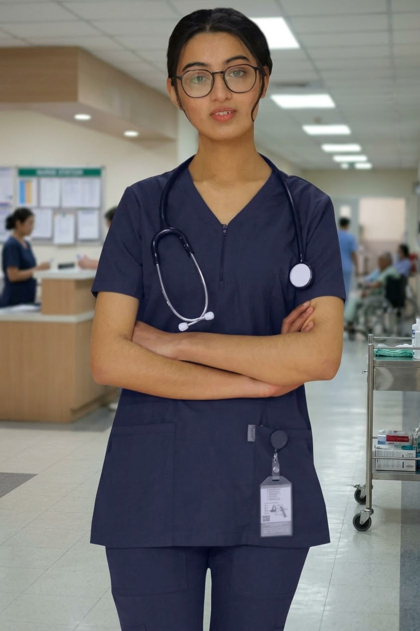 PROFESSIONAL FEMALE ZIPPER OSLO SCRUB SUIT / V-NECK MEDICAL SCRUB SUIT (MADE IN UAE)
