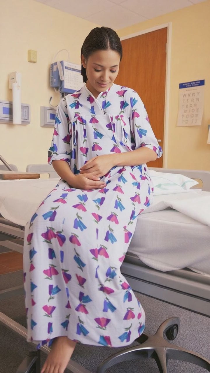 MATERNITY FLORAL RED/GREEN/BLUE PRINTED PATIENT GOWN