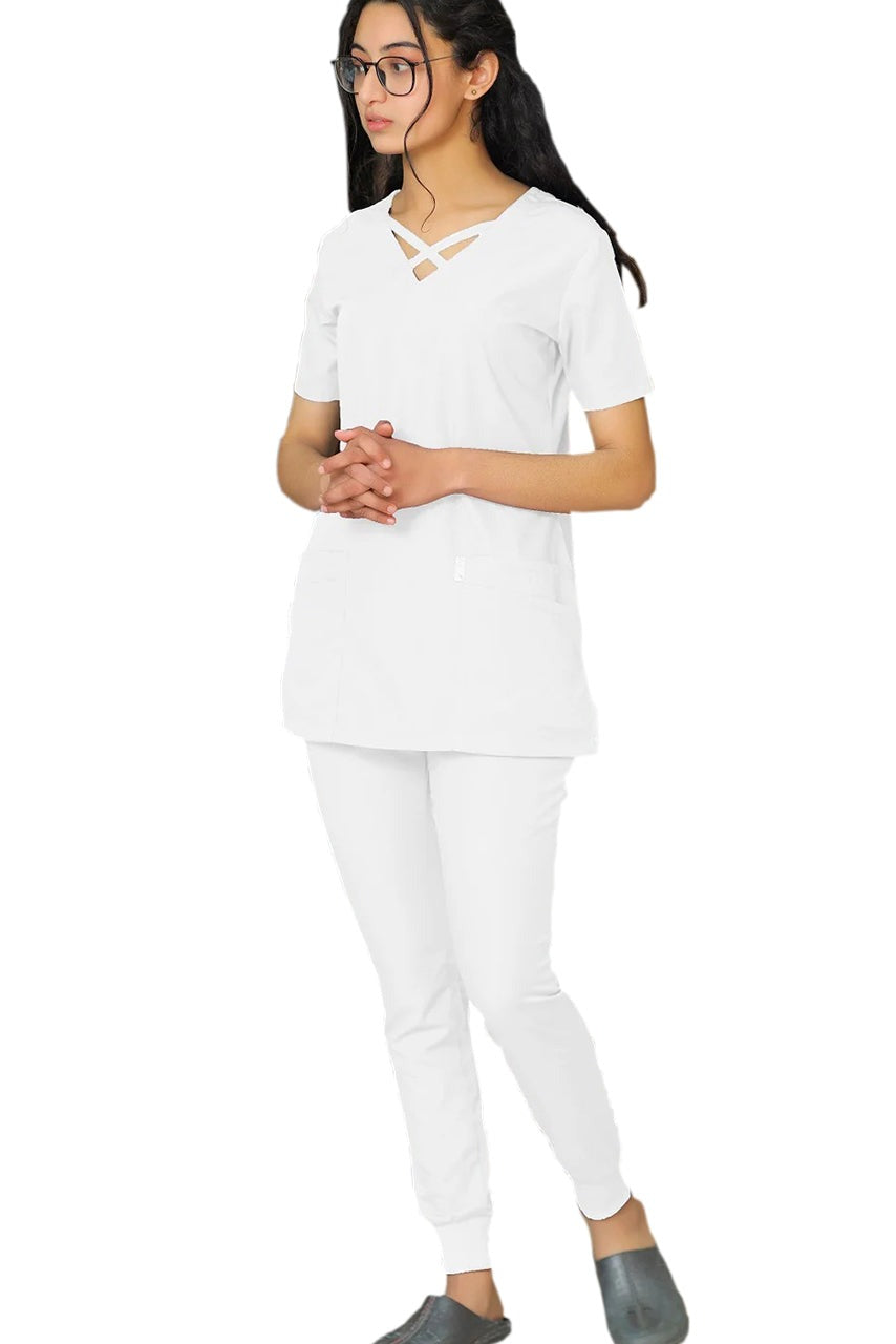 PROFESSIONAL FEMALE CROSS LONDON SCRUB SUIT / CRISS CROSS V-NECK CROSS LONDON SCRUB SUIT(MADE IN UAE)